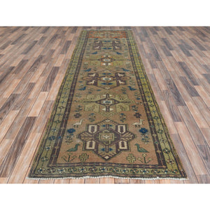 3'4"x10'3" Walnut Brown, Northwest Persian Wide Runner with Small Bird Figurines, Abrash, Hand Knotted, Pure Wool, Sheared Low, Distressed Look Oriental Rug FWR489942