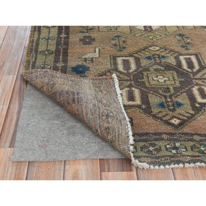 3'4"x10'3" Walnut Brown, Northwest Persian Wide Runner with Small Bird Figurines, Abrash, Hand Knotted, Pure Wool, Sheared Low, Distressed Look Oriental Rug FWR489942