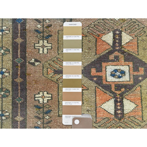 3'4"x10'3" Walnut Brown, Northwest Persian Wide Runner with Small Bird Figurines, Abrash, Hand Knotted, Pure Wool, Sheared Low, Distressed Look Oriental Rug FWR489942
