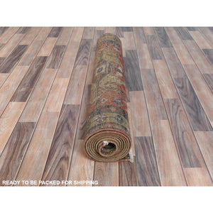 3'4"x10'3" Walnut Brown, Northwest Persian Wide Runner with Small Bird Figurines, Abrash, Hand Knotted, Pure Wool, Sheared Low, Distressed Look Oriental Rug FWR489942
