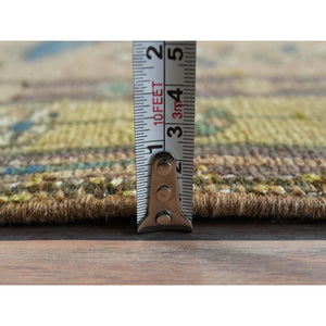 3'4"x10'3" Walnut Brown, Northwest Persian Wide Runner with Small Bird Figurines, Abrash, Hand Knotted, Pure Wool, Sheared Low, Distressed Look Oriental Rug FWR489942