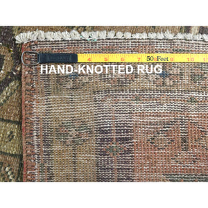 3'4"x10'3" Walnut Brown, Northwest Persian Wide Runner With Small Bird Figurines, Abrash, Hand Knotted, Pure Wool, Sheared Low, Distressed Look Oriental Rug FWR489942