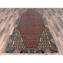 Load image into Gallery viewer, 3&#39;7&quot;x9&#39;3&quot; Tomato Red, Pure Wool, Vintage Persian Serab With Small Repetitive Boteh Design, Hand Knotted, Worn Down, Distressed Look, Wide Runner Oriental Rug FWR489966
