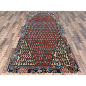 3'7"x9'3" Tomato Red, Pure Wool, Vintage Persian Serab With Small Repetitive Boteh Design, Hand Knotted, Worn Down, Distressed Look, Wide Runner Oriental Rug FWR489966