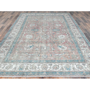 7'x10'8" Light Red, Vintage Persian Tabriz Sheared Low Distressed Look, Shabby Chic Worn Wool Hand Knotted, Oriental Rug FWR490170