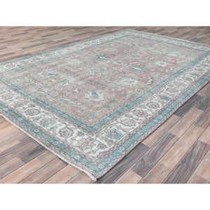 7'x10'8" Light Red, Vintage Persian Tabriz Sheared Low Distressed Look, Shabby Chic Worn Wool Hand Knotted, Oriental Rug FWR490170
