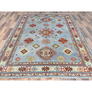 6'1"x8'9" Light Blue Special Kazak With Geometric Medallion Design, Organic Wool, Hand Knotted, Natural Dyes Oriental Rug FWR490524