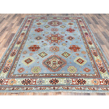 Load image into Gallery viewer, 6&#39;1&quot;x8&#39;9&quot; Light Blue Special Kazak With Geometric Medallion Design, Organic Wool, Hand Knotted, Natural Dyes Oriental Rug FWR490524
