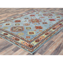 Load image into Gallery viewer, 6&#39;1&quot;x8&#39;9&quot; Light Blue Special Kazak With Geometric Medallion Design, Organic Wool, Hand Knotted, Natural Dyes Oriental Rug FWR490524
