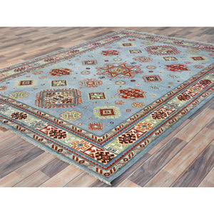 6'1"x8'9" Light Blue Special Kazak With Geometric Medallion Design, Organic Wool, Hand Knotted, Natural Dyes Oriental Rug FWR490524