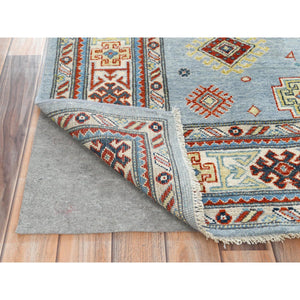 6'1"x8'9" Light Blue Special Kazak With Geometric Medallion Design, Organic Wool, Hand Knotted, Natural Dyes Oriental Rug FWR490524