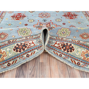6'1"x8'9" Light Blue Special Kazak With Geometric Medallion Design, Organic Wool, Hand Knotted, Natural Dyes Oriental Rug FWR490524