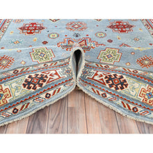 Load image into Gallery viewer, 6&#39;1&quot;x8&#39;9&quot; Light Blue Special Kazak With Geometric Medallion Design, Organic Wool, Hand Knotted, Natural Dyes Oriental Rug FWR490524