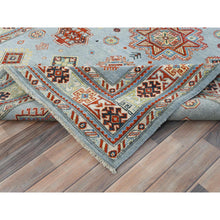 Load image into Gallery viewer, 6&#39;1&quot;x8&#39;9&quot; Light Blue Special Kazak With Geometric Medallion Design, Organic Wool, Hand Knotted, Natural Dyes Oriental Rug FWR490524