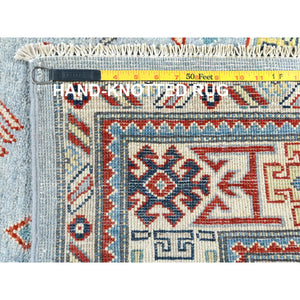 6'1"x8'9" Light Blue Special Kazak With Geometric Medallion Design, Organic Wool, Hand Knotted, Natural Dyes Oriental Rug FWR490524