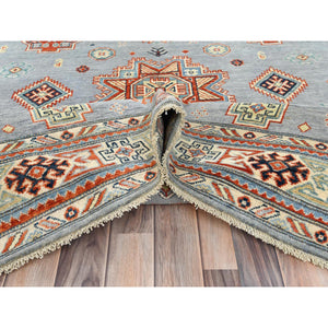 6'2"x8'9" Gray Special Kazak With Geometric Medallion Design, Hand Knotted, Organic Wool, Natural Dyes Oriental Rug FWR490530