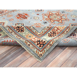 6'2"x8'9" Gray Special Kazak With Geometric Medallion Design, Hand Knotted, Organic Wool, Natural Dyes Oriental Rug FWR490530