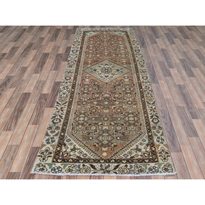 3'4"x10' Almond Brown, Vintage Persian Hamadan with Geometric Medallion, Pure Wool Hand Knotted, Clean, Cropped Thin, Wide Runner Oriental Rug FWR491106