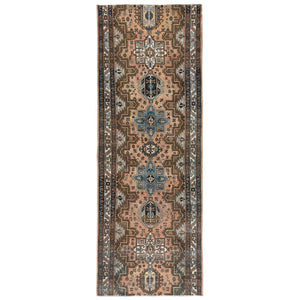 4'7"x12'9" Peach with Chocolate Brown, Vintage Persian Karajeh, Bohemian, Clean, Fragment, Hand Knotted Pure Wool, Distressed Wide Runner Oriental Rug FWR491166