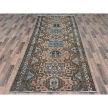 Load image into Gallery viewer, 4&#39;7&quot;x12&#39;9&quot; Peach with Chocolate Brown, Vintage Persian Karajeh, Bohemian, Clean, Fragment, Hand Knotted Pure Wool, Distressed Wide Runner Oriental Rug FWR491166