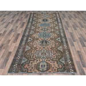 4'7"x12'9" Peach with Chocolate Brown, Vintage Persian Karajeh, Bohemian, Clean, Fragment, Hand Knotted Pure Wool, Distressed Wide Runner Oriental Rug FWR491166