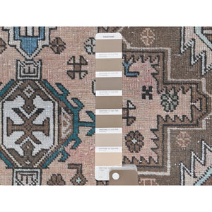 4'7"x12'9" Peach with Chocolate Brown, Vintage Persian Karajeh, Bohemian, Clean, Fragment, Hand Knotted Pure Wool, Distressed Wide Runner Oriental Rug FWR491166