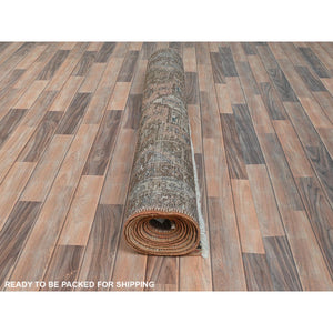 4'7"x12'9" Peach with Chocolate Brown, Vintage Persian Karajeh, Bohemian, Clean, Fragment, Hand Knotted Pure Wool, Distressed Wide Runner Oriental Rug FWR491166
