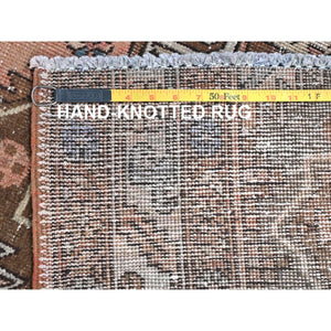 4'7"x12'9" Peach with Chocolate Brown, Vintage Persian Karajeh, Bohemian, Clean, Fragment, Hand Knotted Pure Wool, Distressed Wide Runner Oriental Rug FWR491166