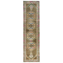 Load image into Gallery viewer, 3&#39;3&quot;x12&#39;10&quot; Hazelnut Brown Vintage Northwest Persian with Serrated Medallions, Distressed, Hand Knotted Pure Wool, Professionally Cleaned, Wide Runner Oriental Rug FWR491208