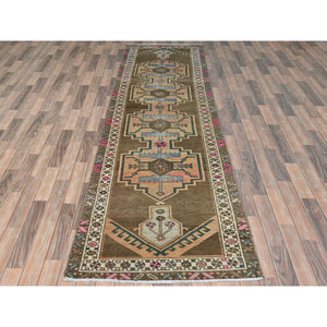 3'3"x12'10" Hazelnut Brown Vintage Northwest Persian with Serrated Medallions, Distressed, Hand Knotted Pure Wool, Professionally Cleaned, Wide Runner Oriental Rug FWR491208