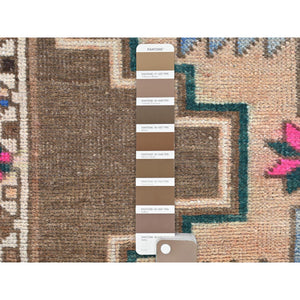 3'3"x12'10" Hazelnut Brown Vintage Northwest Persian With Serrated Medallions, Distressed, Hand Knotted Pure Wool, Professionally Cleaned, Wide Runner Oriental Rug FWR491208