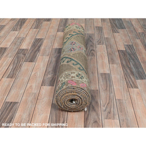 3'3"x12'10" Hazelnut Brown Vintage Northwest Persian with Serrated Medallions, Distressed, Hand Knotted Pure Wool, Professionally Cleaned, Wide Runner Oriental Rug FWR491208