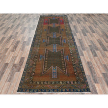 Load image into Gallery viewer, 3&#39;9&quot;x13&#39; Honey Brown, Bohemian Vintage Persian Mazlaghan With Unique Design, Distinct Abrash, Cropped Thin, Pure Wool Hand Knotted, Clean Wide Runner Oriental Rug FWR491220