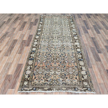 Load image into Gallery viewer, 3&#39;5&quot;x9&#39;2&quot; Beige, Hand Knotted, Vintage Persian Hamadan With Fish Mahi Herat All Over Design, Clean, Distinct Abrash, Worn Down, Pure Wool Wide Runner Oriental Rug FWR491298