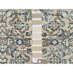 3'5"x9'2" Beige, Hand Knotted, Vintage Persian Hamadan With Fish Mahi Herat All Over Design, Clean, Distinct Abrash, Worn Down, Pure Wool Wide Runner Oriental Rug FWR491298