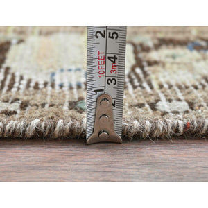 3'5"x9'2" Beige, Hand Knotted, Vintage Persian Hamadan With Fish Mahi Herat All Over Design, Clean, Distinct Abrash, Worn Down, Pure Wool Wide Runner Oriental Rug FWR491298