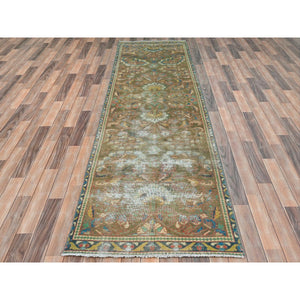 3'x10'1" Taupe, Worn Down, Bohemian Vintage Persian Lilahan, Hand Knotted, Pure Wool, Professionally Cleaned Wide Runner Oriental Rug FWR491376
