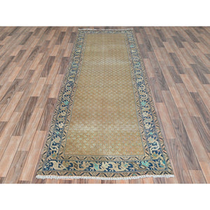 3'3"x9'9" Mocha Brown, Vintage Persian Serab with All Over Small Repetitive Boteh Design, Hand Knotted Pure Wool, Distressed, Clean Wide Runner Oriental Rug FWR491382