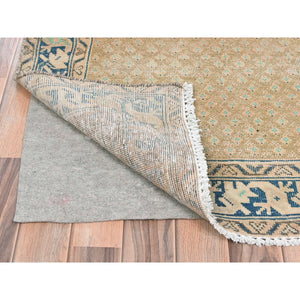 3'3"x9'9" Mocha Brown, Vintage Persian Serab with All Over Small Repetitive Boteh Design, Hand Knotted Pure Wool, Distressed, Clean Wide Runner Oriental Rug FWR491382