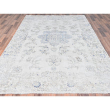 Load image into Gallery viewer, 6&#39;9&quot;x10&#39;1&quot; Ivory, Cropped Thin Distressed Look Worn Wool, Hand Knotted Old Persian Kerman, Oriental Rug FWR491646