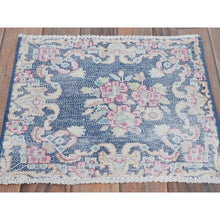 Load image into Gallery viewer, 1&#39;7&quot;x1&#39;7&quot; Navy Blue, Vintage Persian Kerman Sheared Low, Distressed Look Worn Wool Hand Knotted, Square Oriental Rug FWR491688