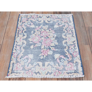 1'6"x2'1" Navy Blue, Worn Wool Hand Knotted, Vintage Persian Kerman Shabby Chic Sheared Low Distressed Look, Mat Oriental Rug FWR491724