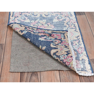 1'6"x2'1" Navy Blue, Worn Wool Hand Knotted, Vintage Persian Kerman Shabby Chic Sheared Low Distressed Look, Mat Oriental Rug FWR491724