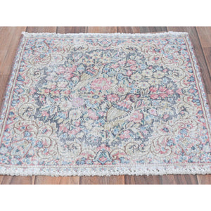 1'9"x1'9" Colorful, Old Persian Kerman Shabby Chic Cropped Thin, Distressed Look Worn Wool Hand Knotted, Square Oriental Rug FWR491742