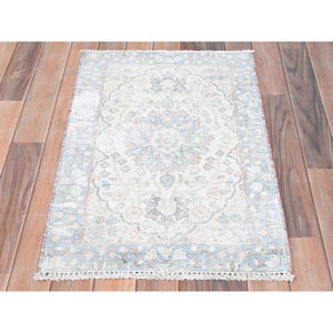 2'x2'9" Ivory, Old Persian Kerman Cropped Thin, Distressed Look Worn Wool Hand Knotted, Mat Oriental Rug FWR491838