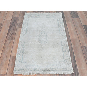1'9"x3'6" Ivory, Cropped Thin Distressed Look Worn Wool, Hand Knotted Old Persian Kerman Shabby Chic, Oriental Rug FWR491862
