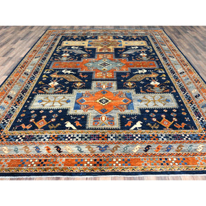9'1"x11'7" Navy Blue, Armenian Inspired Caucasian Design With Birds Figurines 200 Kpsi, Vegetable Dyes Dense Weave, Pure Wool Hand Knotted, Oriental Rug FWR492186