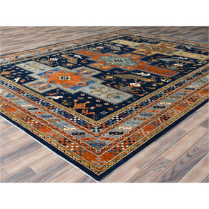 9'1"x11'7" Navy Blue, Armenian Inspired Caucasian Design With Birds Figurines 200 Kpsi, Vegetable Dyes Dense Weave, Pure Wool Hand Knotted, Oriental Rug FWR492186