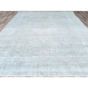 9'7"x12'4" Blueish Gray, Distressed Feel Worn Wool, Hand Knotted Vintage Persian Tabriz, Shaved Down, Oriental Rug FWR492570