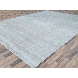 9'7"x12'4" Blueish Gray, Distressed Feel Worn Wool, Hand Knotted Vintage Persian Tabriz, Shaved Down, Oriental Rug FWR492570
